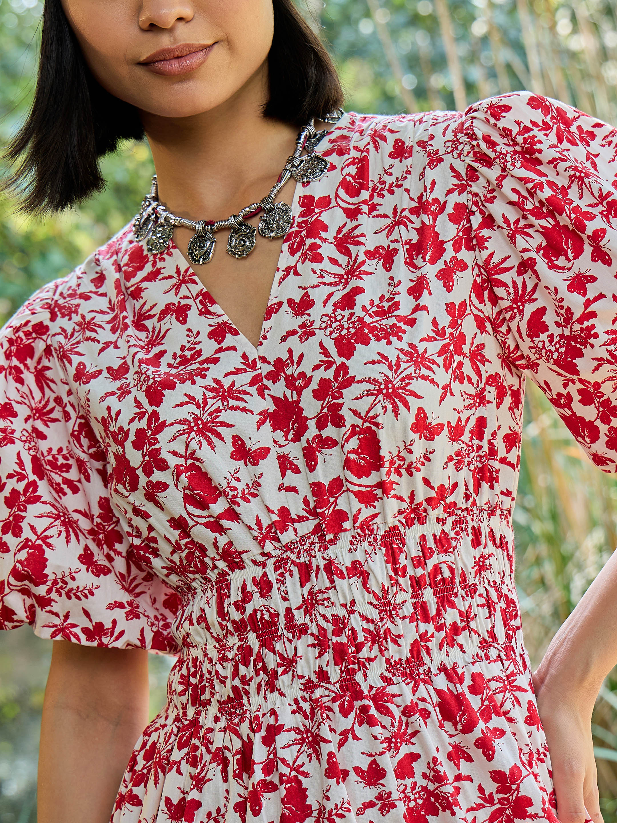 Women White & Red V-Neck Puff Sleeves Midi Dress-SFDRSS13017