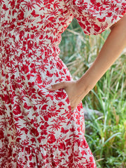 Women White & Red V-Neck Puff Sleeves Midi Dress-SFDRSS13017