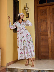 Women White Floral V-Neck Waist Tie Knot Midi Dress-SFDRSS13018