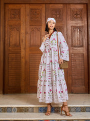 Women White Floral V-Neck Waist Tie Knot Midi Dress-SFDRSS13018
