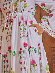 Women White Floral V-Neck Waist Tie Knot Midi Dress-SFDRSS13018