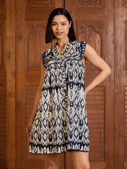 Women Navy & White Ikat Print Button Down Short Dress-SFDRSS13021