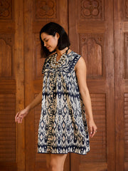 Women Navy & White Ikat Print Button Down Short Dress-SFDRSS13021