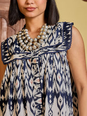 Women Navy & White Ikat Print Button Down Short Dress-SFDRSS13021