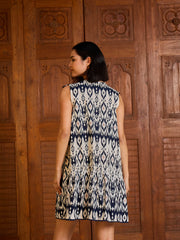 Women Navy & White Ikat Print Button Down Short Dress-SFDRSS13021