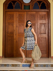 Women Navy & White Ikat Print Button Down Short Dress-SFDRSS13021