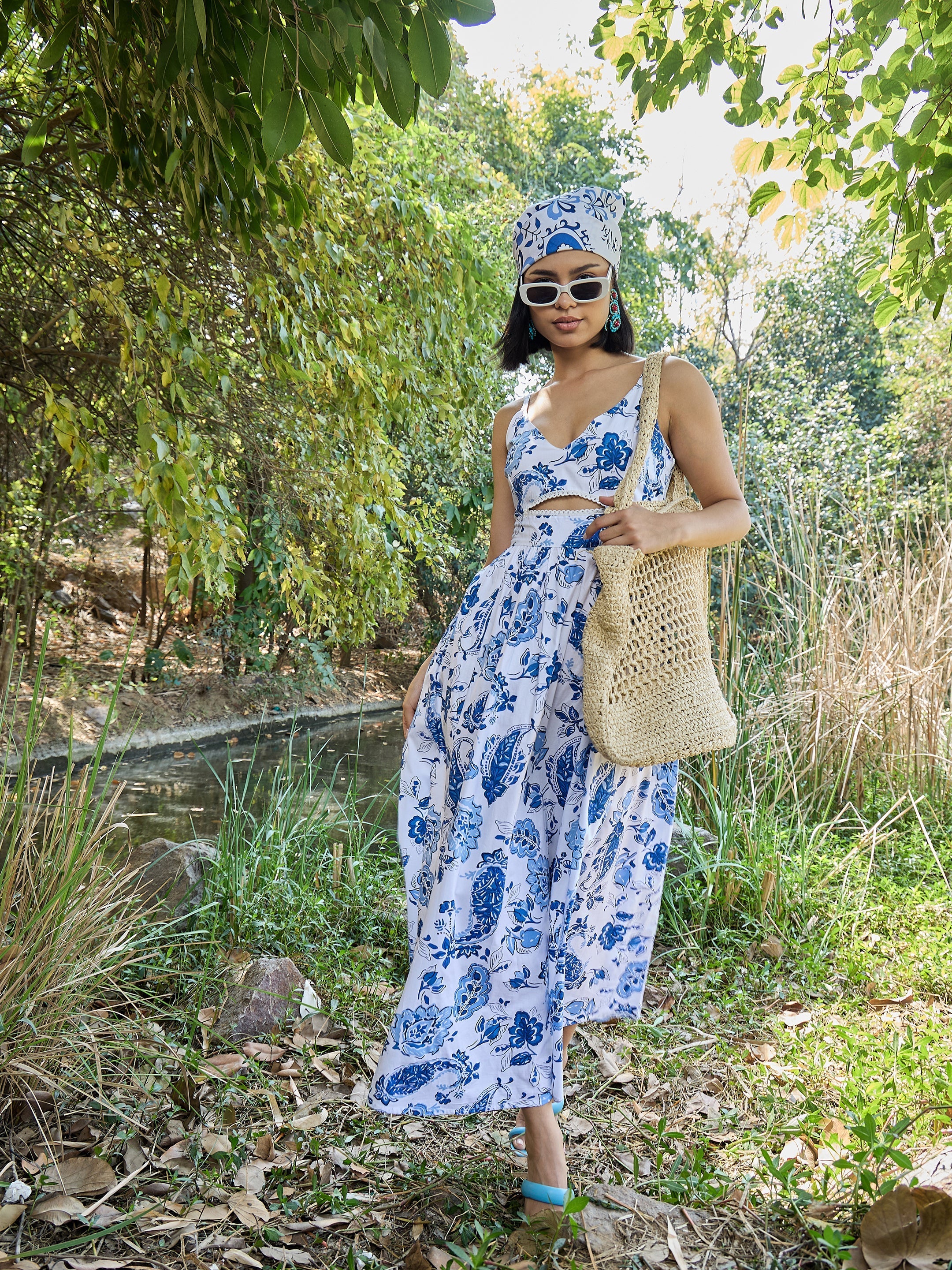 Women White & Blue Floral Front Cut Out Strappy Midi Dress-SFDRSS13022