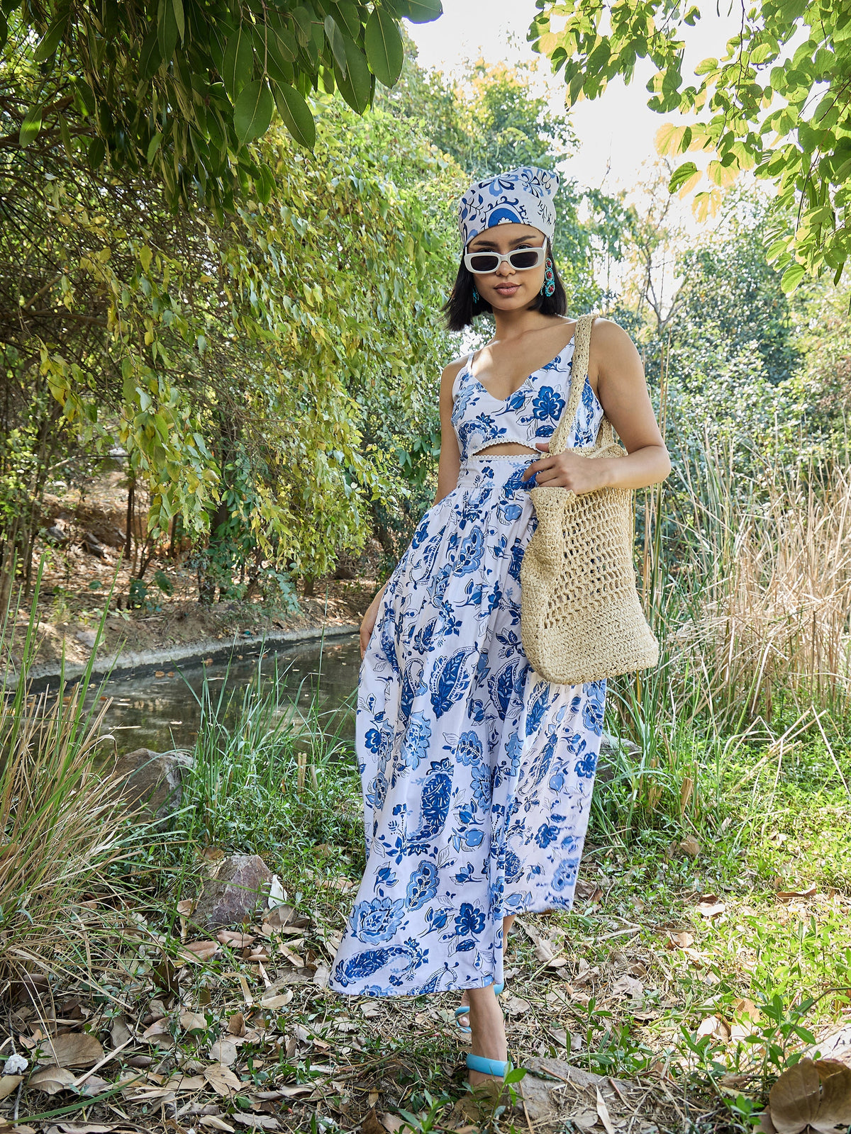 Women White & Blue Floral Front Cut Out Strappy Midi Dress-SFDRSS13022