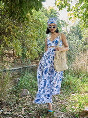 Women White & Blue Floral Front Cut Out Strappy Midi Dress-SFDRSS13022