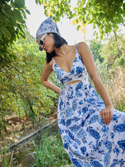 Women White & Blue Floral Front Cut Out Strappy Midi Dress-SFDRSS13022
