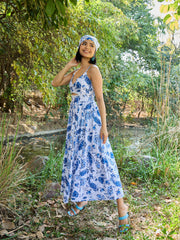 Women White & Blue Floral Front Cut Out Strappy Midi Dress-SFDRSS13022