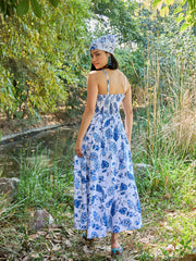 Women White & Blue Floral Front Cut Out Strappy Midi Dress-SFDRSS13022