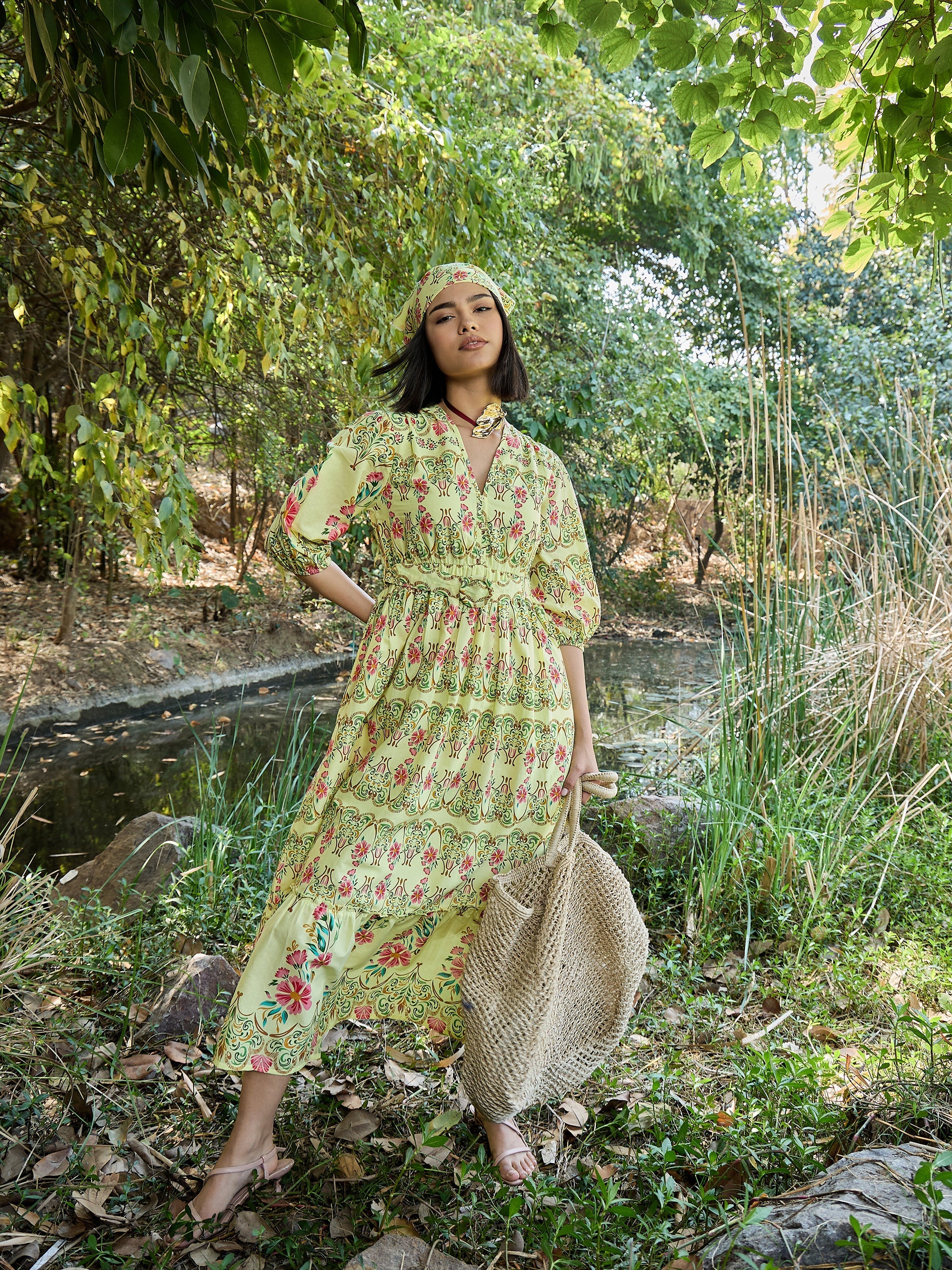 Women Yellow Floral V Neck Gathered Midi Dress-SFDRSS13024