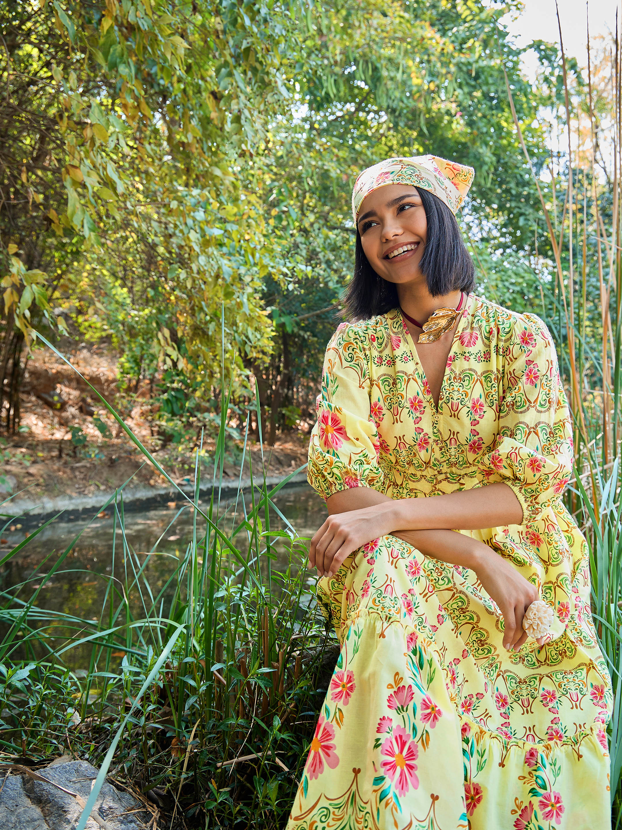 Women Yellow Floral V Neck Gathered Midi Dress-SFDRSS13024