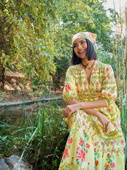 Women Yellow Floral V Neck Gathered Midi Dress-SFDRSS13024