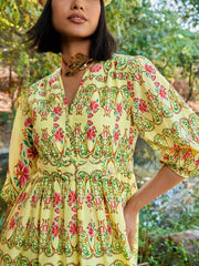 Women Yellow Floral V Neck Gathered Midi Dress-SFDRSS13024