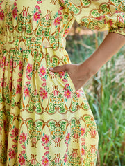 Women Yellow Floral V Neck Gathered Midi Dress-SFDRSS13024