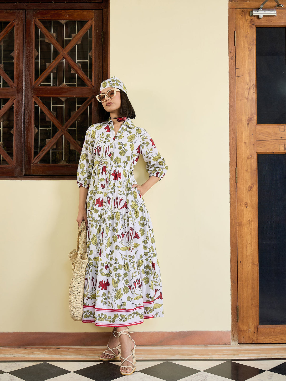 Women White Floral Front Button Tired Maxi Dress-SFDRSS13027