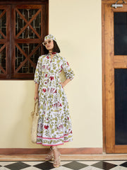 Women White Floral Front Button Tired Maxi Dress-SFDRSS13027