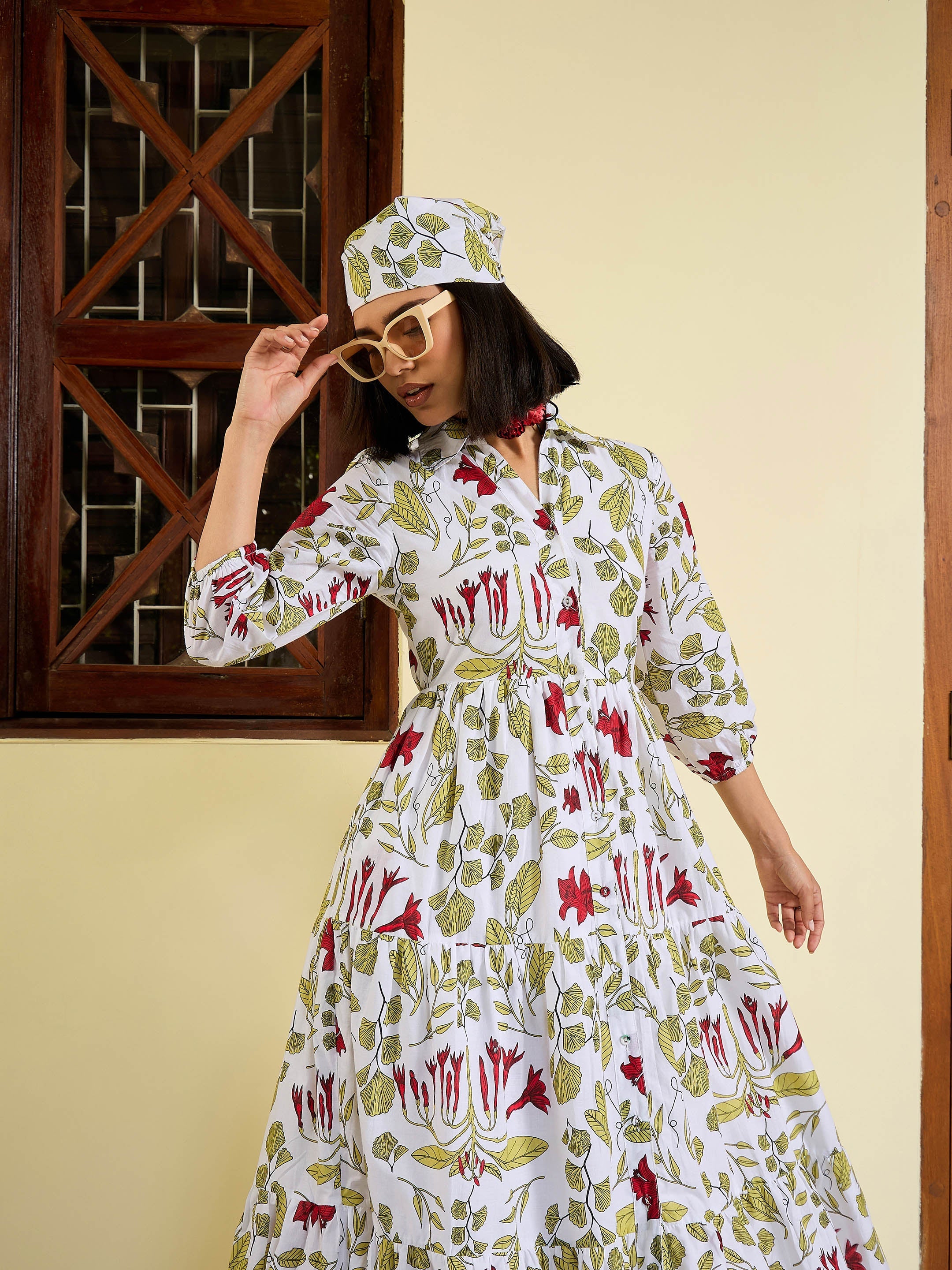 Women White Floral Front Button Tired Maxi Dress-SFDRSS13027