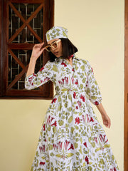 Women White Floral Front Button Tired Maxi Dress-SFDRSS13027