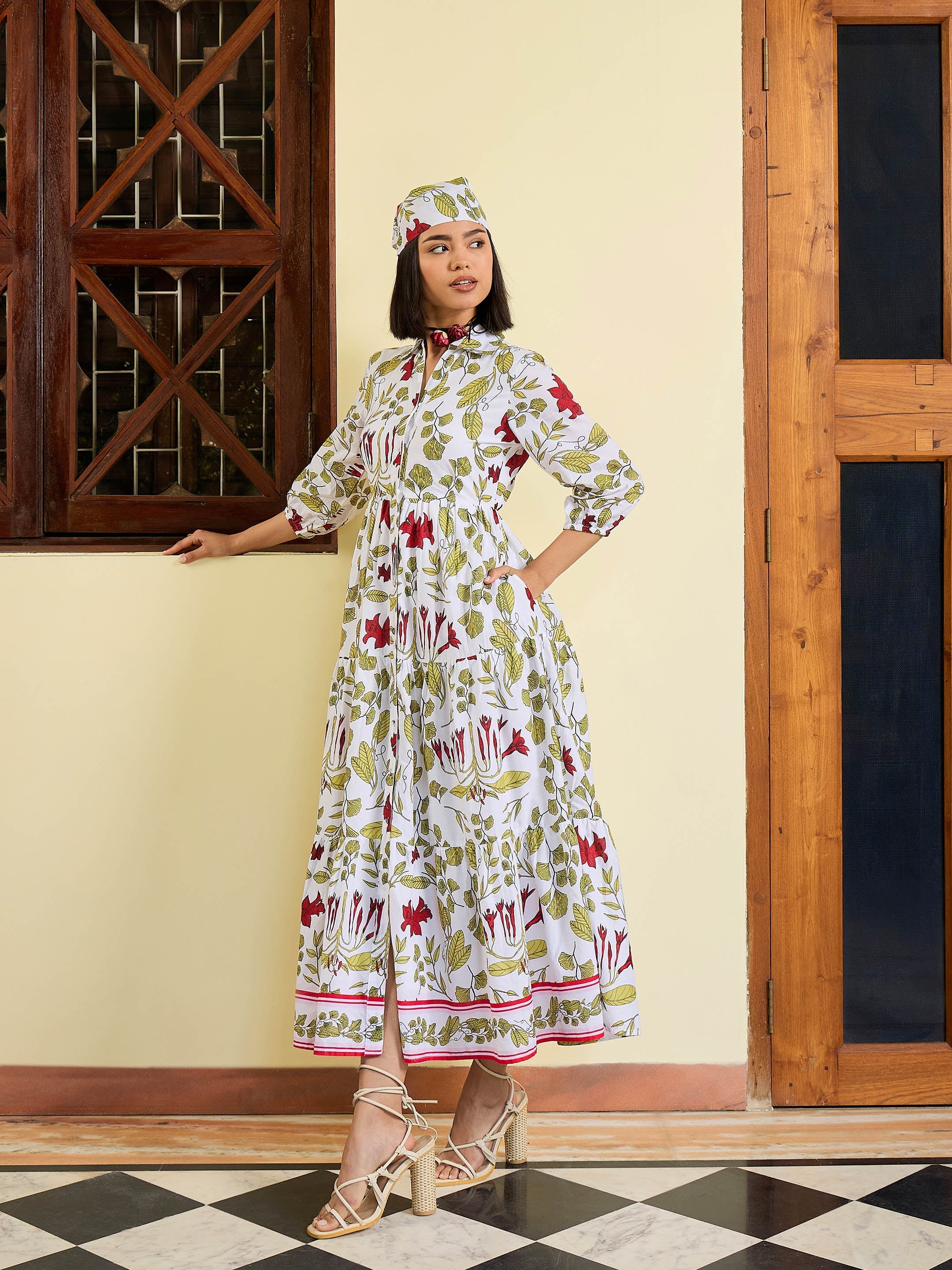 Women White Floral Front Button Tired Maxi Dress-SFDRSS13027