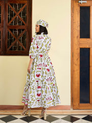 Women White Floral Front Button Tired Maxi Dress-SFDRSS13027