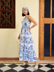 Women White & Blue Floral Strappy Tired Maxi Dress-SFDRSS13029