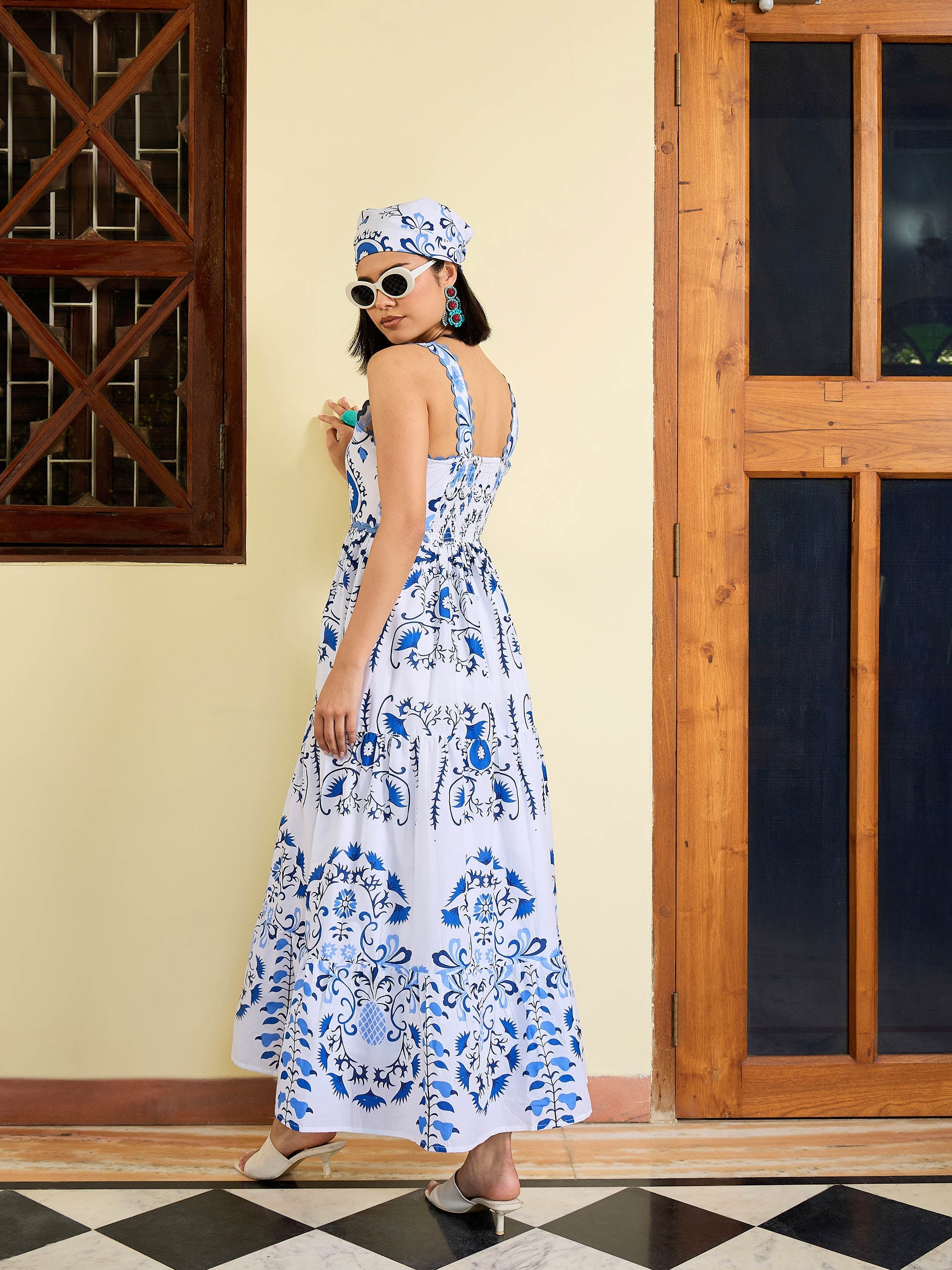 Women White & Blue Floral Strappy Tired Maxi Dress-SFDRSS13029