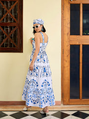 Women White & Blue Floral Strappy Tired Maxi Dress-SFDRSS13029