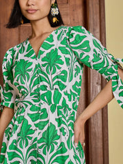 Women Green & White Front Button Midi Dress-SFDRSS13031