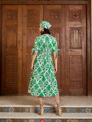 Women Green & White Front Button Midi Dress-SFDRSS13031