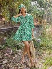 Women Green & White Floral V Neck Short Gathered Dress-SFDRSS13032