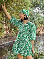 Women Green & White Floral V Neck Short Gathered Dress-SFDRSS13032