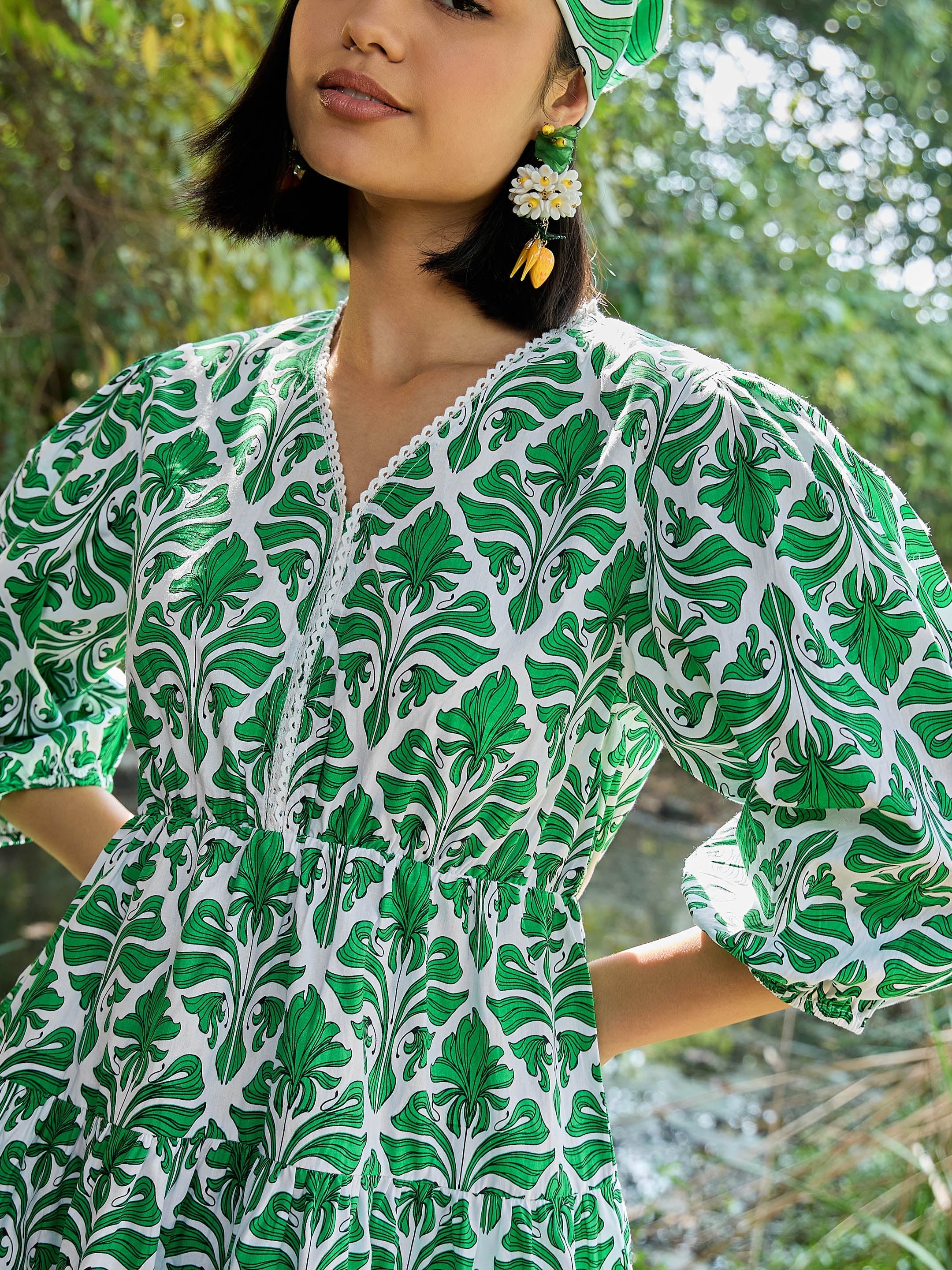 Women Green & White Floral V Neck Short Gathered Dress-SFDRSS13032