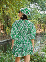 Women Green & White Floral V Neck Short Gathered Dress-SFDRSS13032