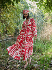 Women Beige & Red Floral V Neck Waist Tie Knot Midi Dress-SFDRSS13033