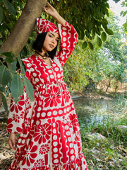 Women Beige & Red Floral V Neck Waist Tie Knot Midi Dress-SFDRSS13033