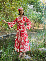 Women Beige & Red Floral V Neck Waist Tie Knot Midi Dress-SFDRSS13033