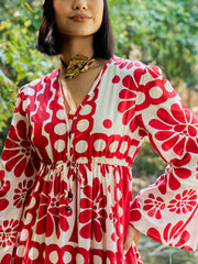 Women Beige & Red Floral V Neck Waist Tie Knot Midi Dress-SFDRSS13033