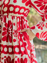 Women Beige & Red Floral V Neck Waist Tie Knot Midi Dress-SFDRSS13033