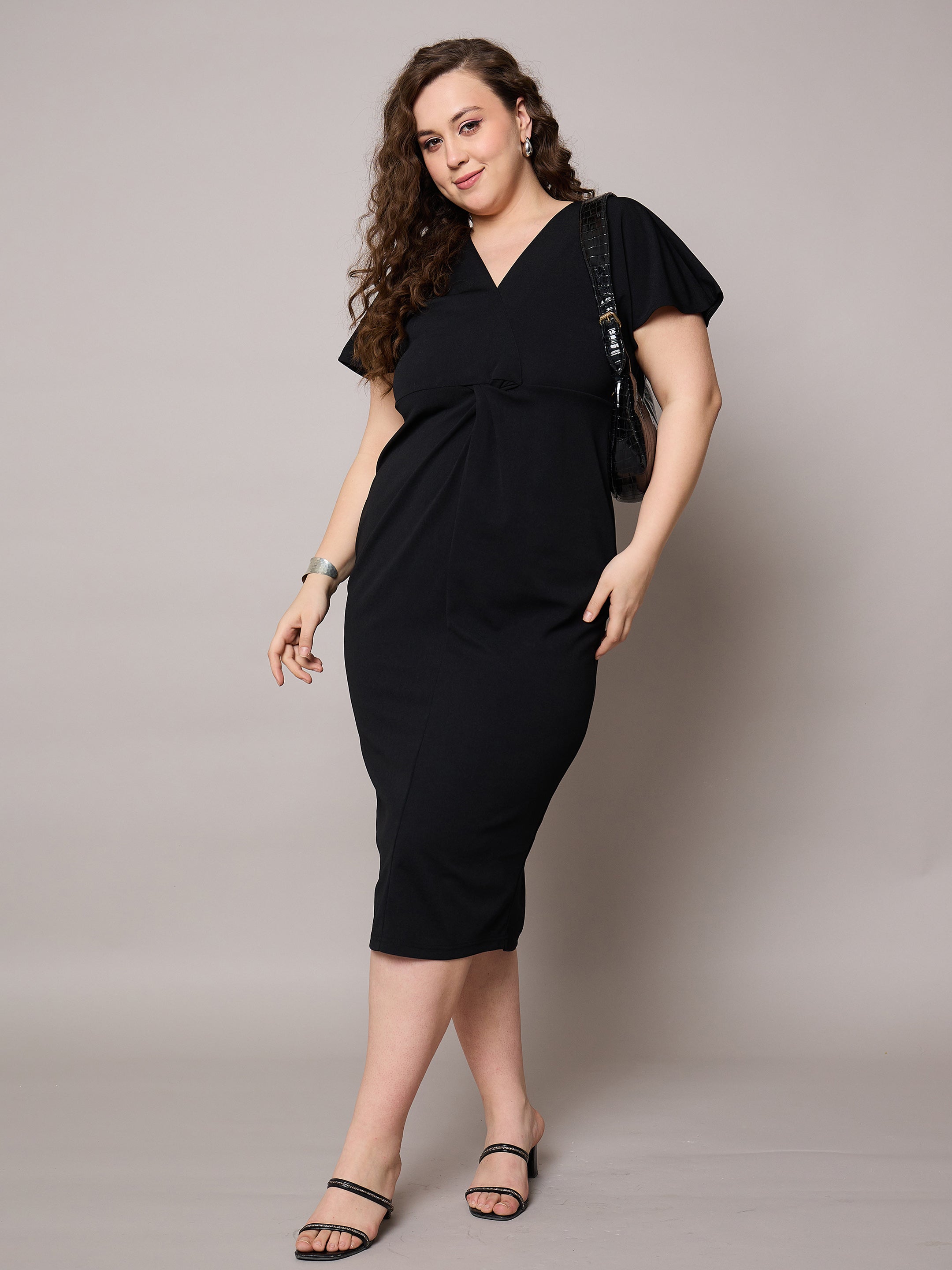 Women Black V Neck Short Sleeves Midi Dress-SFDRSS13035