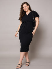 Women Black V Neck Short Sleeves Midi Dress-SFDRSS13035