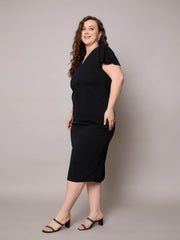 Women Black V Neck Short Sleeves Midi Dress-SFDRSS13035