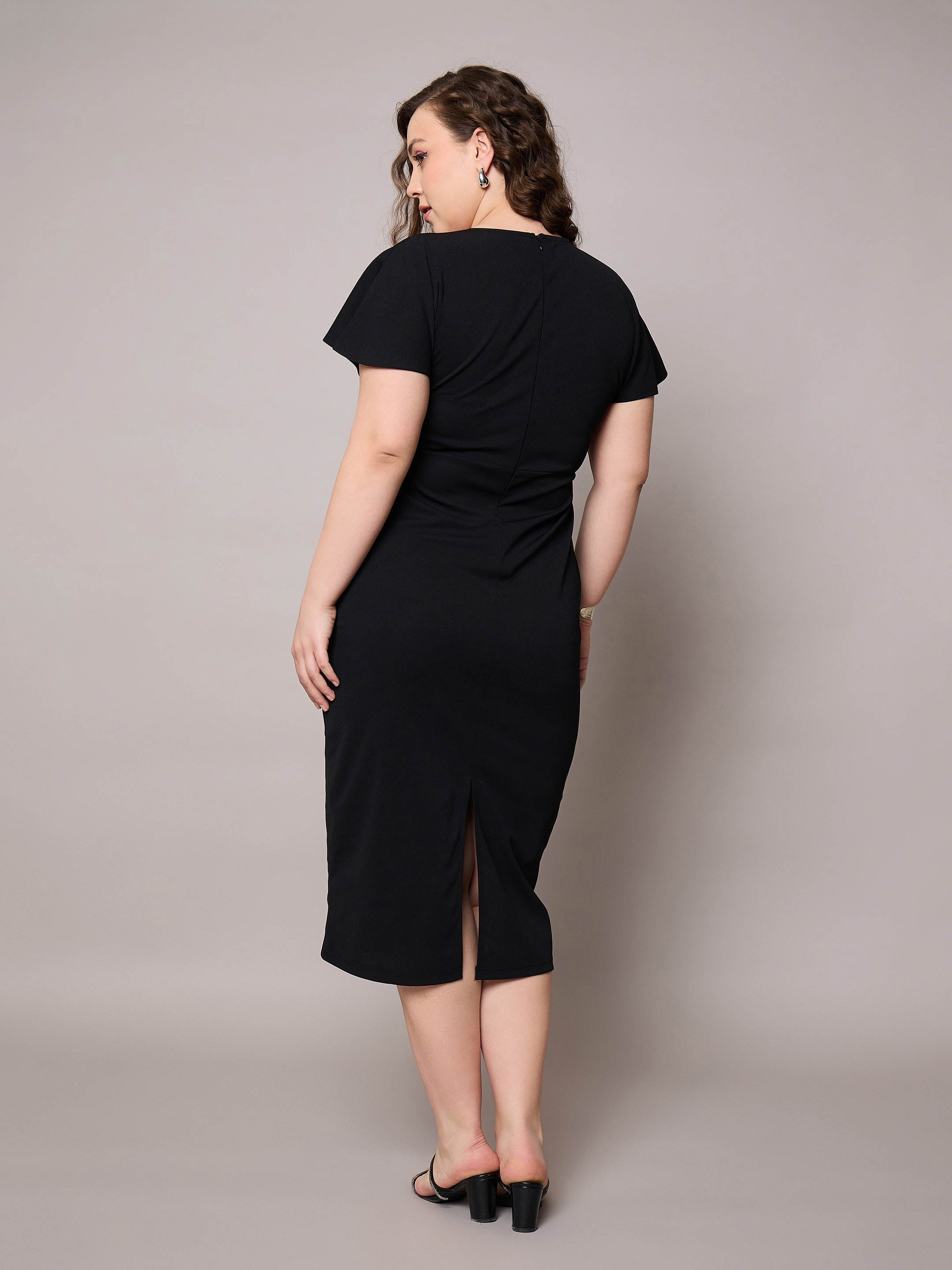 Women Black V Neck Short Sleeves Midi Dress-SFDRSS13035