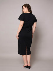 Women Black V Neck Short Sleeves Midi Dress-SFDRSS13035