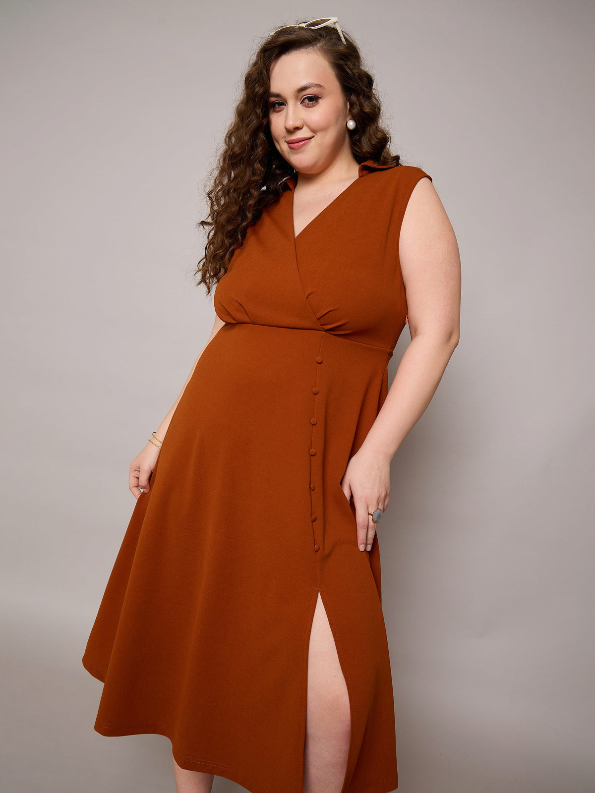 Women Rust Sleeveless Side Slit Midi Dress-SFDRSS13036