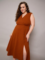 Women Rust Sleeveless Side Slit Midi Dress-SFDRSS13036