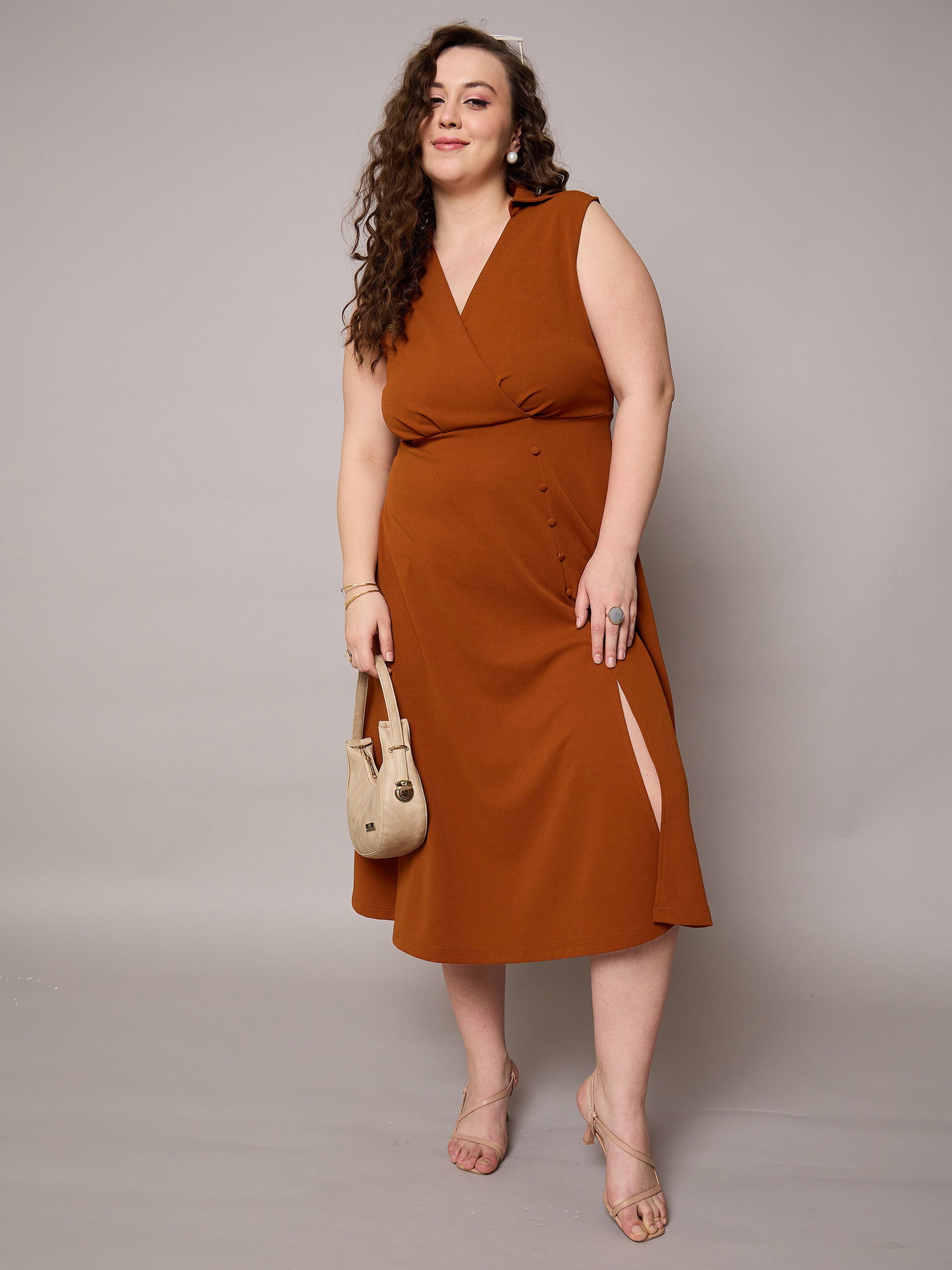 Women Rust Sleeveless Side Slit Midi Dress-SFDRSS13036
