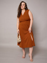 Women Rust Sleeveless Side Slit Midi Dress-SFDRSS13036